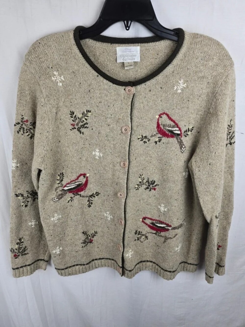 Christopher & Banks Hand Embrodered Women's Beige Bird Pattern Cardigan Sz L